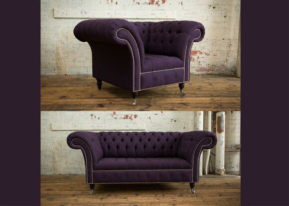 Sofa Set 2+1 Seaters Modern Chesterfield New Purple Textile Comfortable Couches on Casters New