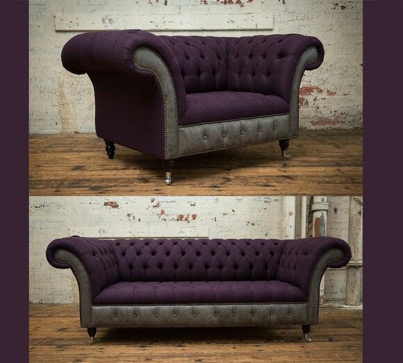 Chesterfield Sofa Set 3+1 Seaters Purple Textile Fabric Comfortable Couches on Casters New