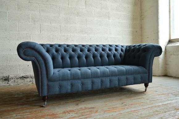 Chesterfield Couch Textile 3 Seater XXL Big Sofa Couchen Big New Upholstery Blue