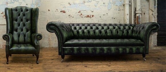 Chesterfield Classic Sofa Set 3-Seater + Armchair 1-Seater Green Faux Leather New
