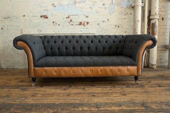 Bi material Chesterfield Couch 3 seater sofa couch mixture with leather and textile