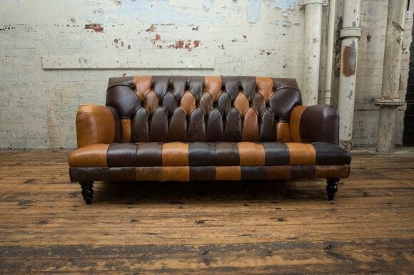 Chesterfield Sofa 3-Seater Brown Faux Leather Couch Cosy Living Room Couch With Wooden Feet