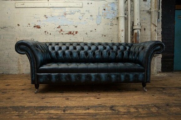 Classic Sofa 3-Seater Chesterfield With Buttons Dark Blue Faux Leather Couch Comfortable on Casters New