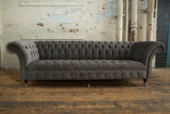 Classic Sofa 4-Seater Grey Textile Chesterfield With Buttons Comfortable Couch on Casters New
