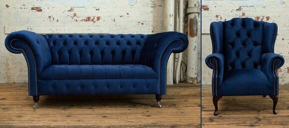 Chesterfield Sofa 2-seater Couch + Wing Chair Blue Textile Couches on Casters New - Best Price & Quality Online at jvfurniture.co.uk