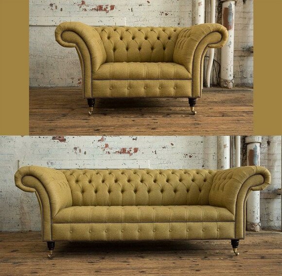 Sofa Set 3+1 Seaters Chesterfield Couches with Buttons Yellow Textile Sofas with Casters New