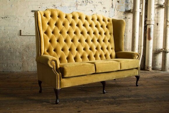 Chesterfield Sofa 3-Seater Tall Backrest Yellow Textile Upholstered Bench Type Couch New