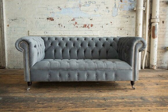 Chesterfield Sofa 3-Seater Luxurious Grey Textile Couch On Casters Comfortable New