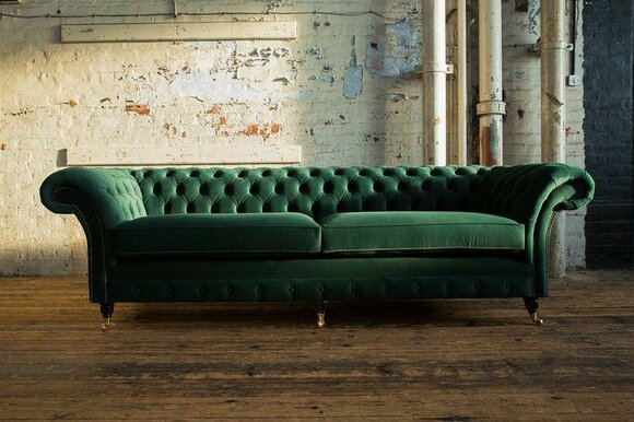 Chesterfield Sofa 4-Seater Green Textile Comfortable XXL Couch with Casters New