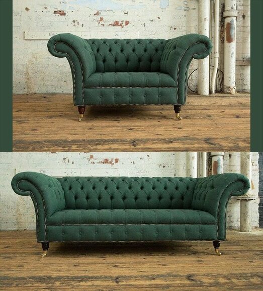 Chesterfield 2-piece Sofa Set 3+1 Seaters Green Textile Fabric Upholstered Tall Armrests with Casters New