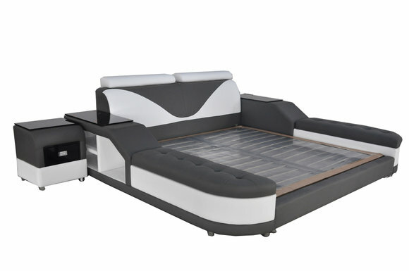 Designer leather double bed with modern style bedside console 140/160/180/200cm sizes, model - LB8817