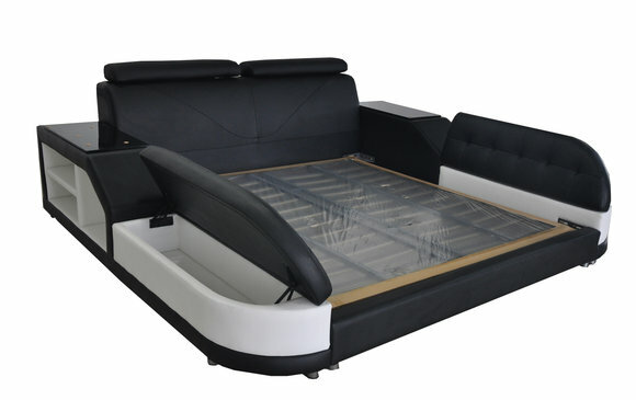 Designer leather double bed with modern style bedside console 140/160/180/200cm sizes, model - LB8827