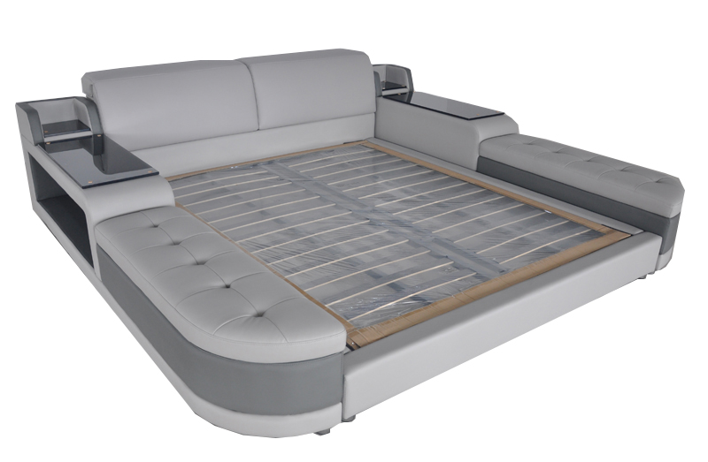 Designer leather multifunctional double bed with bedside console in modern style 140/160/180/200cm sizes, model - LB8820