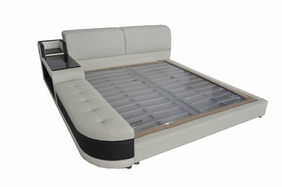 Designer leather multifunctional double bed with bedside console in modern style 140/160/180/200cm sizes, model - LB8820