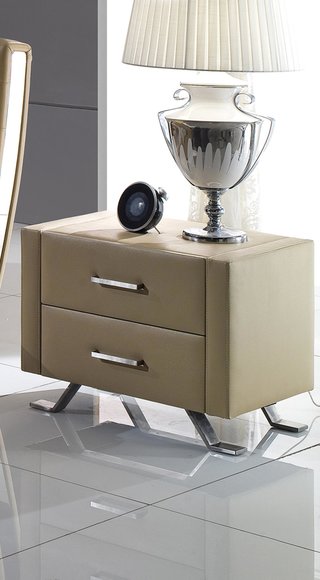 Leather upholstered designer bedside table in modern style made of real wooden & stainless steel with 2-sliding drawers
