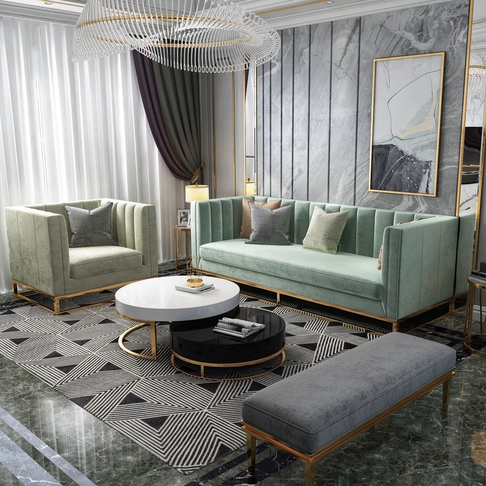 Design Luxury Living Room Furniture Italy Leather Metal Sofa Couch Set Upholstery