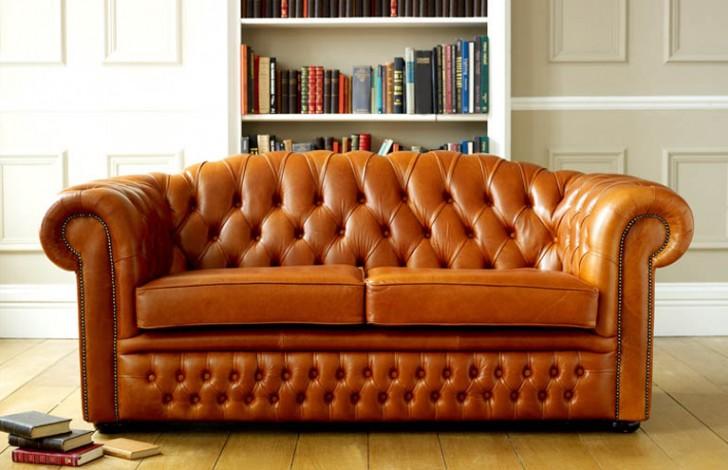 Chesterfield sofa 3-seater couch upholstery fabric faux leather brown orange with cushions