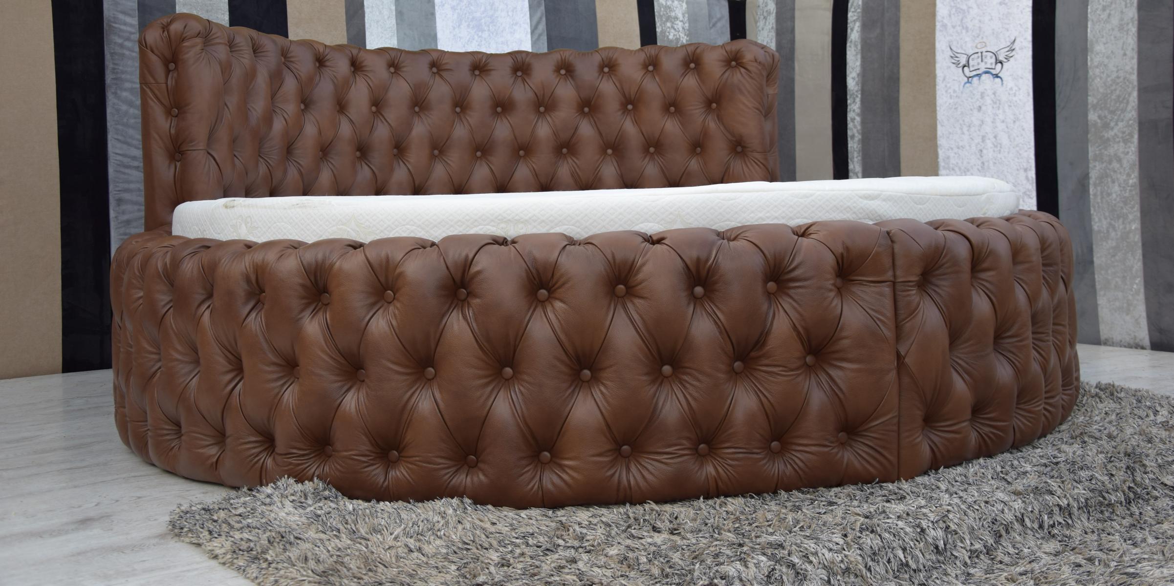Chesterfield design leather upholstered massive double bed in modern style with buttons made of real wooden frame