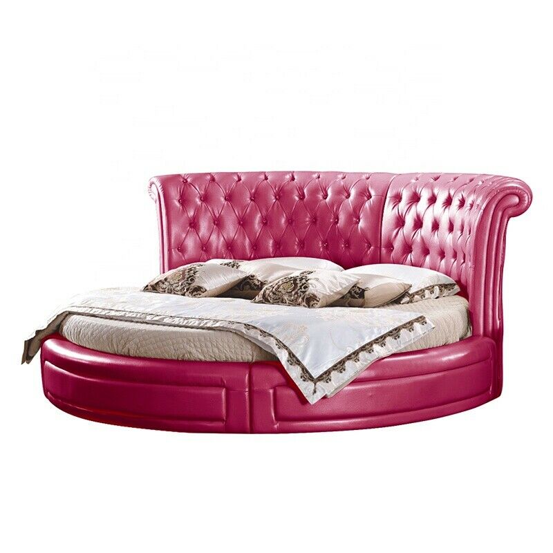 Premium faux leather upholstered chesterfield design round double bed with crystal stones made of real wooden frame