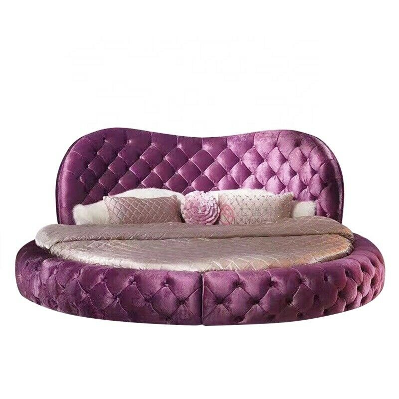 Chesterfield design fabric upholstered massive round double bed for marriage couple in modern style made of real wooden frame with crystal stones