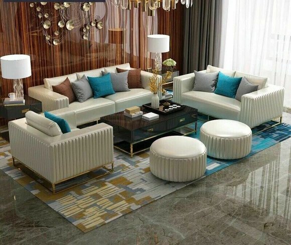 Designer Sofa 3 Seater Couch Stainless Steel Metal Set in Black Leather On Stock