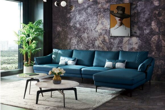 Italian Upholstery Seat Corner Leather Couch Modern Set Living Room Blue