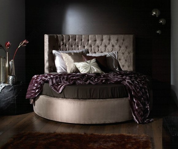 Velvet upholstered marriage round double bed with massive chesterfield design backrest with crystal stones made of real wooden frame