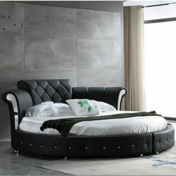 Leather upholstered chesterfield design marriage round double bed for marriage couple in modern style made of real wooden frame