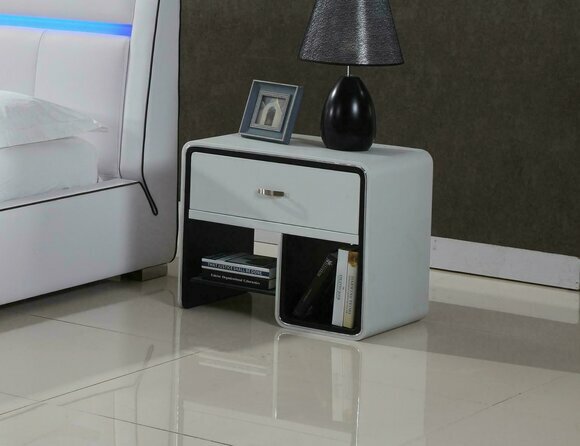 Modern style designer bedside table with shelves & a sliding drawer for bedroom area