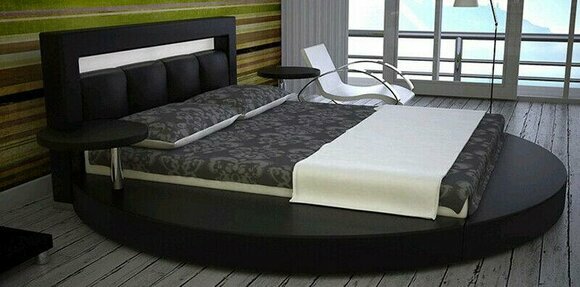Modern style leather upholstered massive round double bed for marriage couple made of real wooden frame