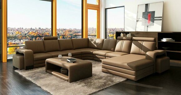 Corner Sofa U-Form + 2x Stool + Coffee Table Couch Design Grey Upholstery Leather Modern