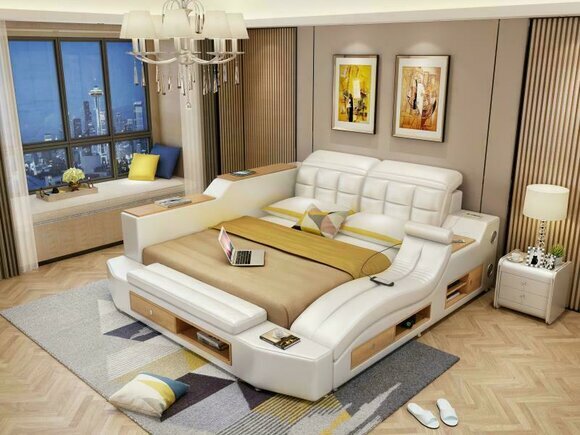 Modern style multifunctional leather double bed made of real wooden