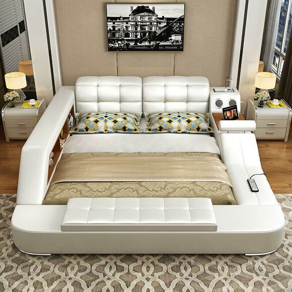 Multifunction shelf cabinet USB charging station double leather beds 180x200cm size