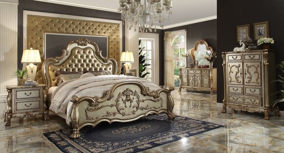 thumbnail image 2 of 5-Piece Vintage Bedroom Set - King Size Bed, Dresser, Mirror & Nightstands In Brown Cherry 2 of 13