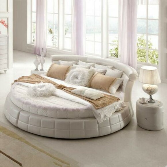 Modern style premium faux leather upholstered massive round double bed for marriage couple made of real wooden frame