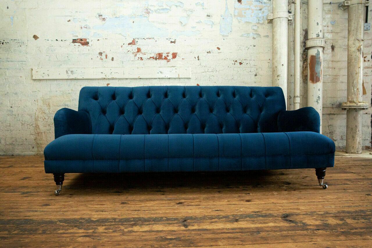 Blue Chesterfield Sofa Couch Upholstery Seating Furniture Textile Fabric Leather Couches New