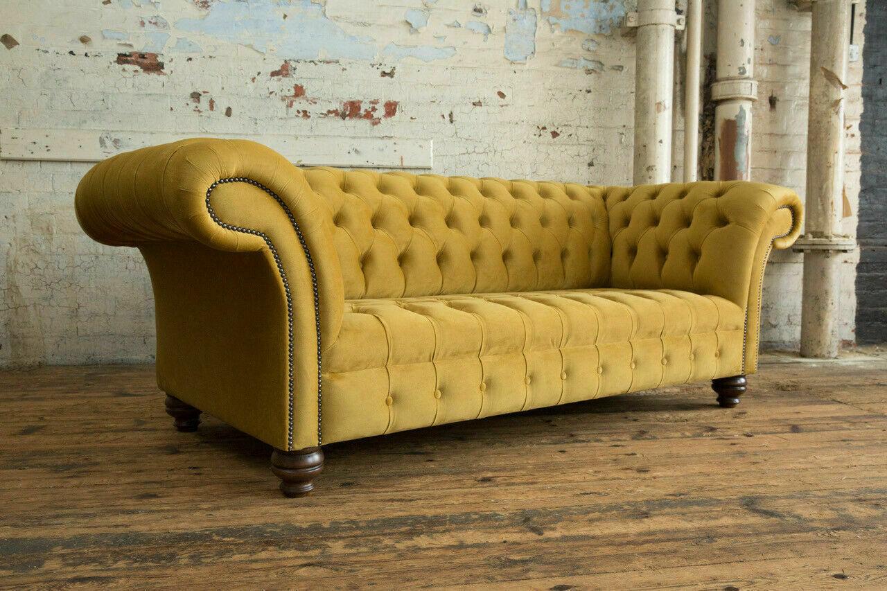 Chesterfield Classic Yellow Leather Textile Couch Sofa Seat Upholstery Fabric Sofas