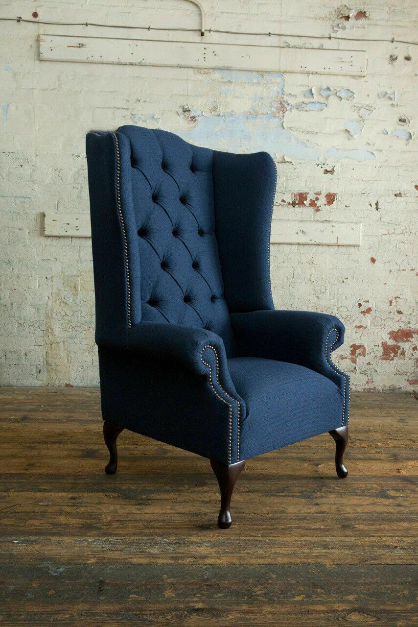 Wing Chair Chesterfield Sofa Couch Upholstery 1 Seater Armchair Sofas Textile Blue