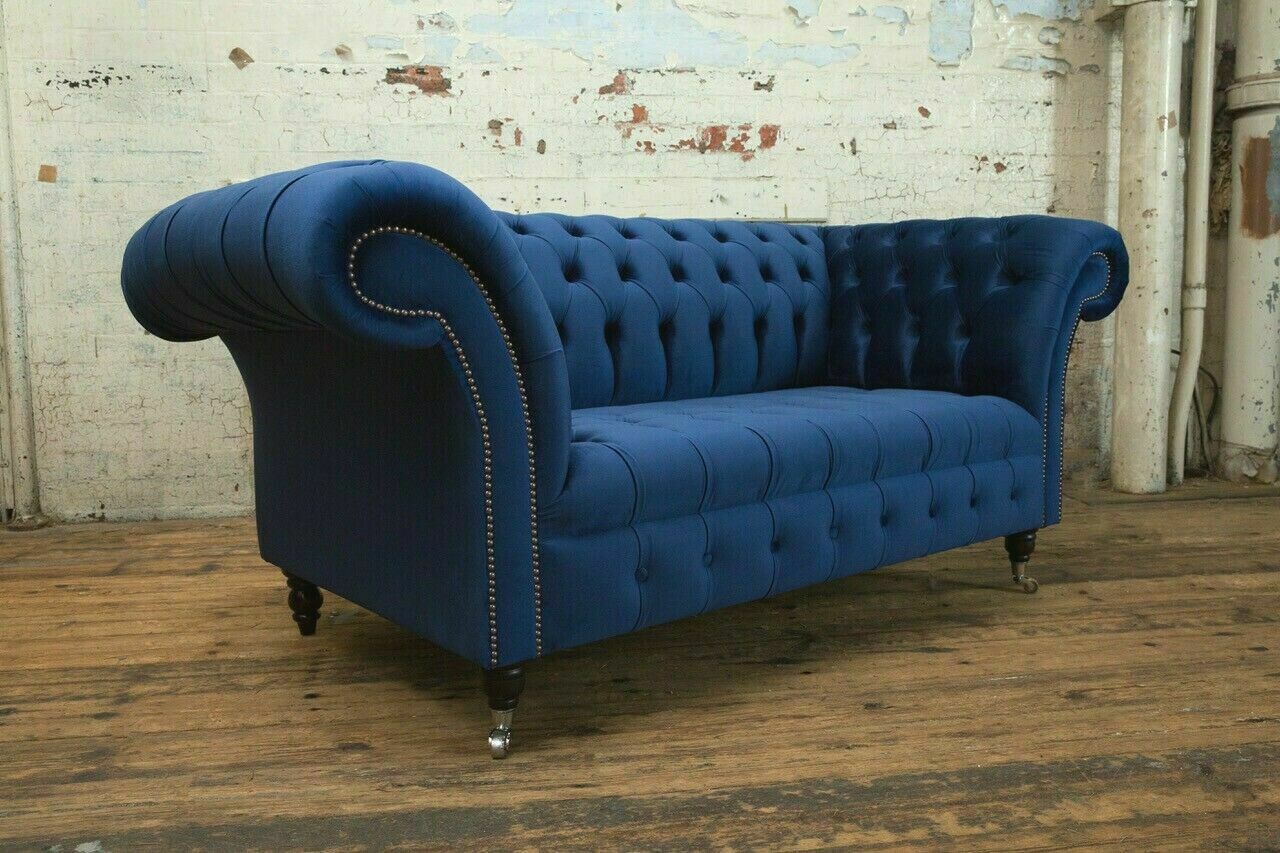 Classic Chesterfield Couch Blue Upholstery Set 2 Seater Sofas Sofa 185cm