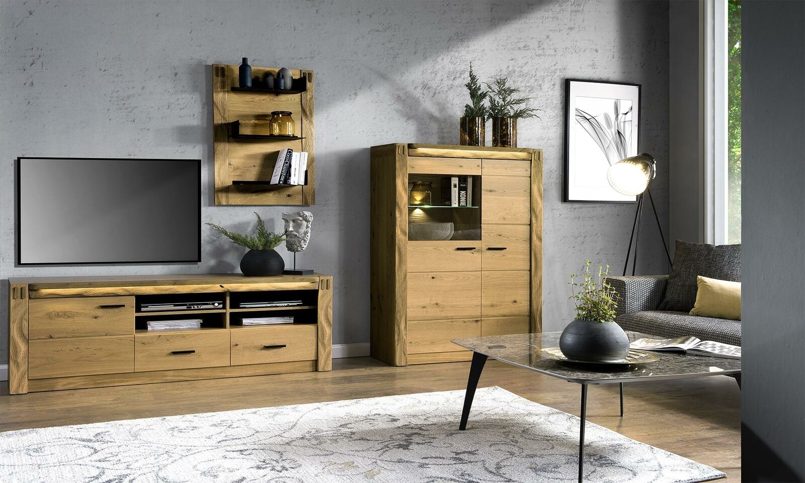 Modern style made of real wooden living room set of TV lowboard, showcase & wall shelves