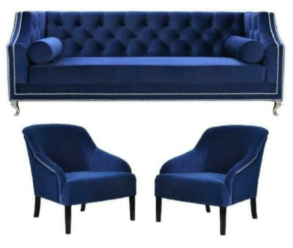 Blue Chesterfield Armchair Blue xxl Textile Fabric Couches Group Furniture Set