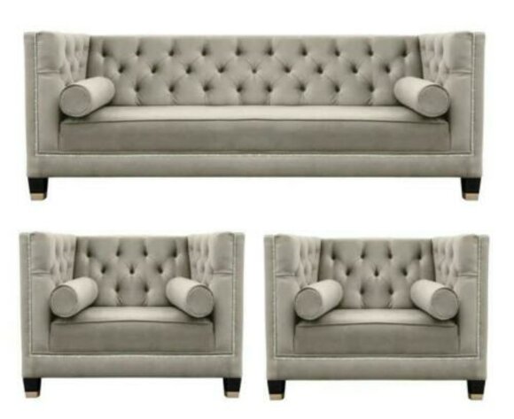 Beige Sofa Set Chesterfield Armchair Luxury Furniture Textile Fabric Living Room New