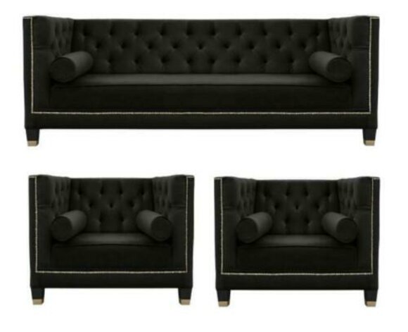 Black Living Room Sofa Set Chesterfield Armchair Black Furniture Textile Fabric