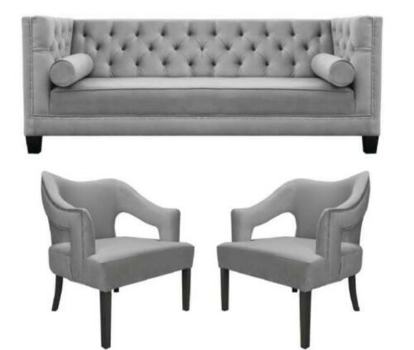 Silver Velvet Sofa Set 3 Piece Set Couch Seat Upholstery Chesterfield
