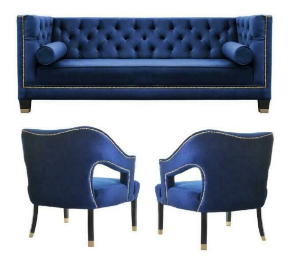 Blue Chesterfield Armchair xxl Big Textile Fabric Couches Furniture Sets Velvet New