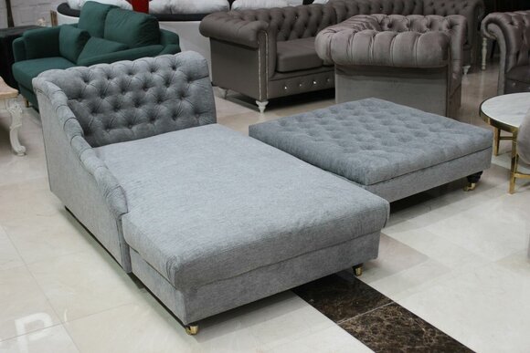 Chesterfield Chaise Lounge Couch + Footstool Sofa Upholstery 2pcs Set Available On Stock