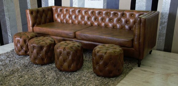 Chesterfield Stool Fabric Design Couch Real Leather Modern Cognac 40x40 cm On Stock