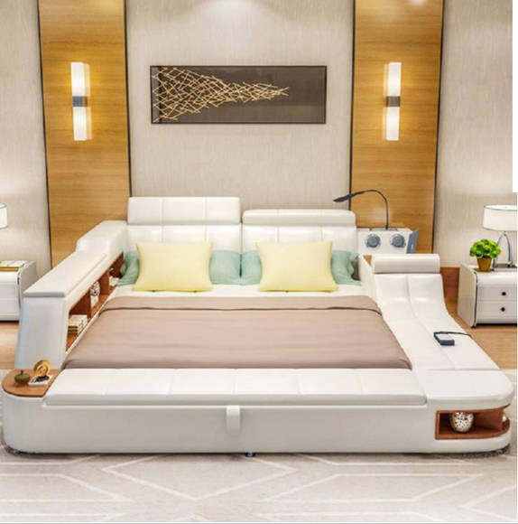 Multifunction Bed Luxury Design Leather Beds Hotel Double Storage Shelf New