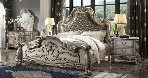 Luxury baroque silver double bed design wood 200x200cm upholstery bedroom new