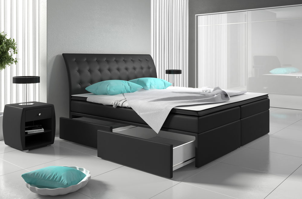 Boxspring Bed Upholstery Imitation Leather Designer Hotel Double Bed Luxury Design Black New